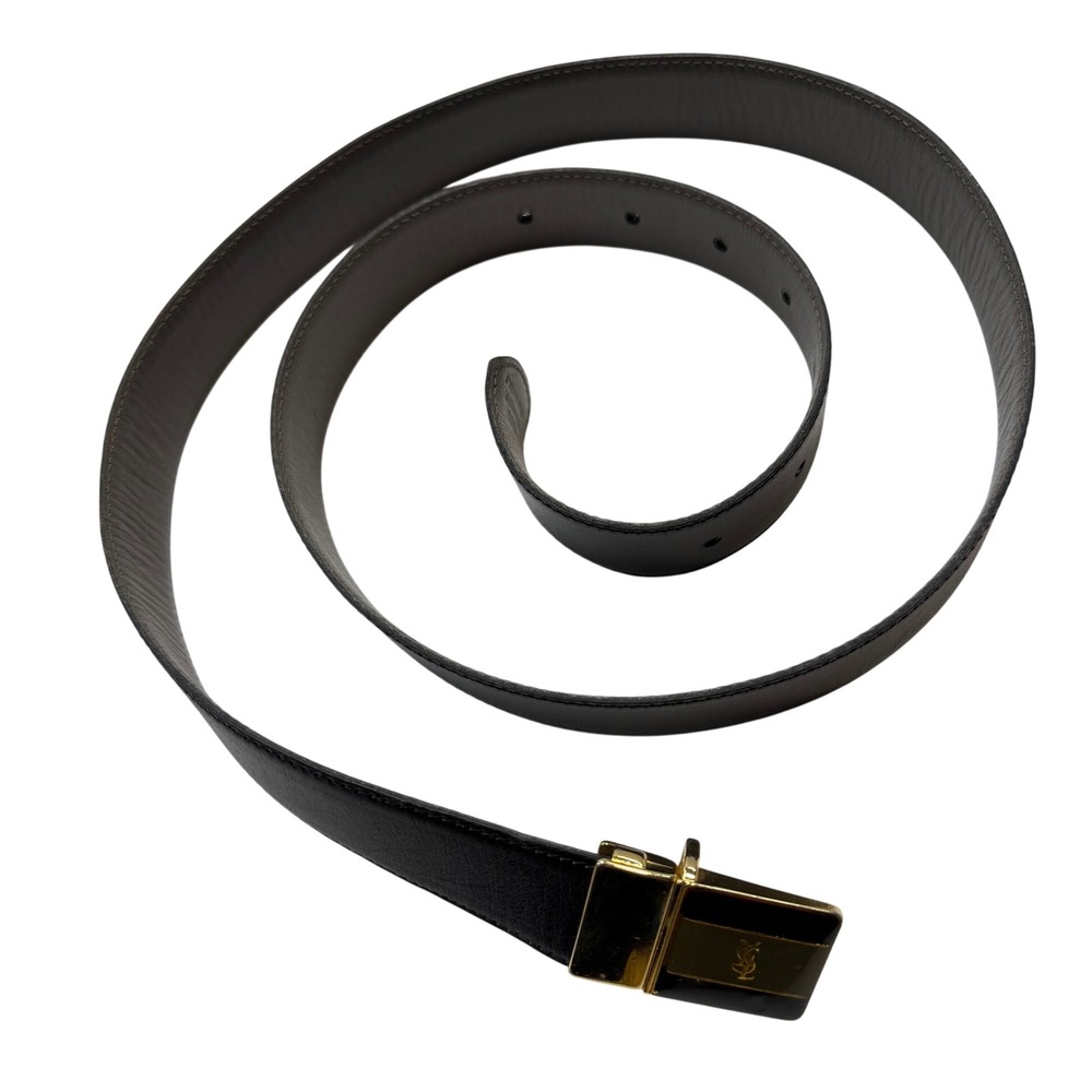 Vintage Yves Saint Laurent YSL Black Leather Belt Gold Enamel Buckle 115